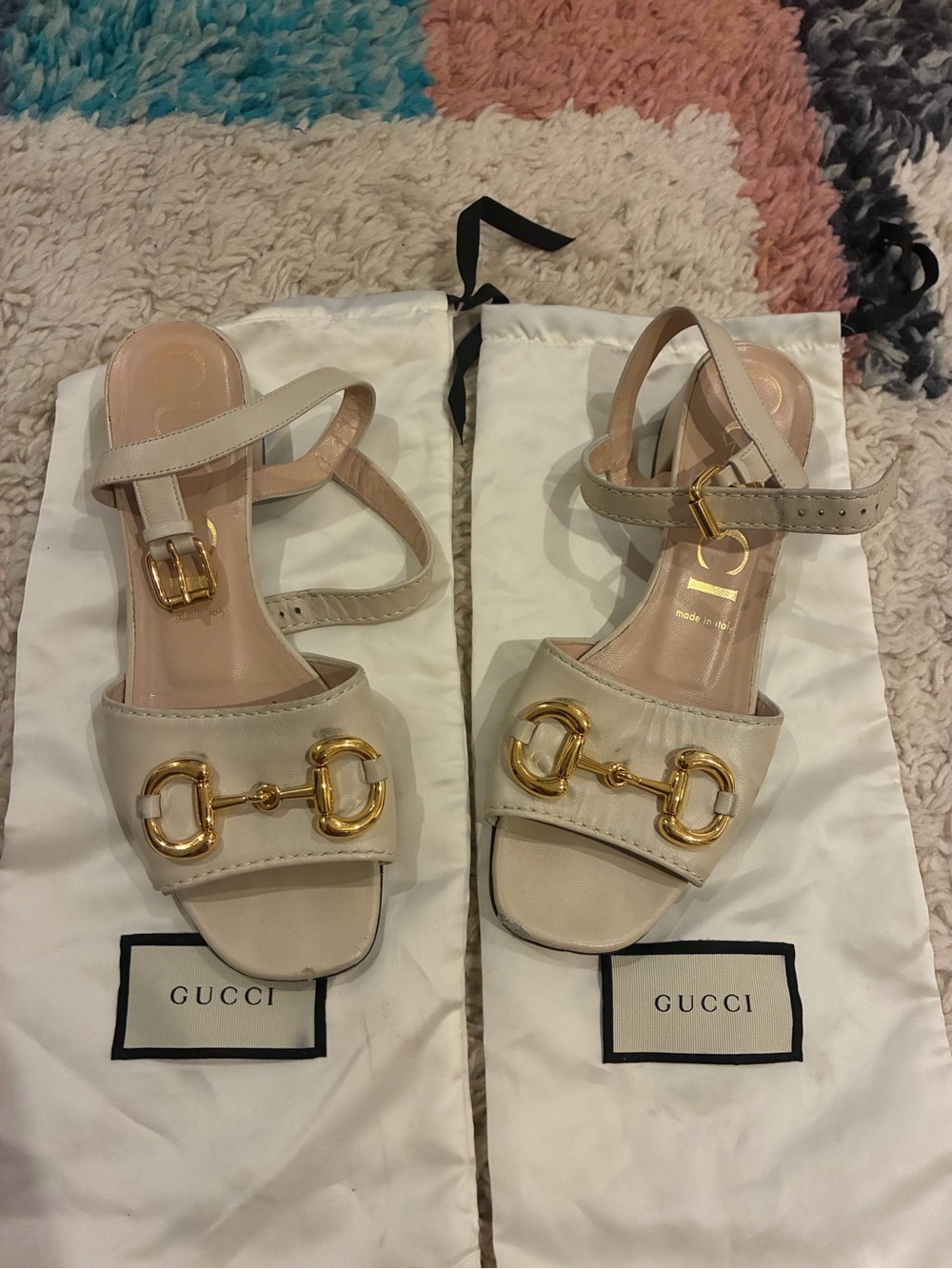 GUCCI Women’s MYSTIC white leather Ankle-Strap Sandals with Gold Hardware